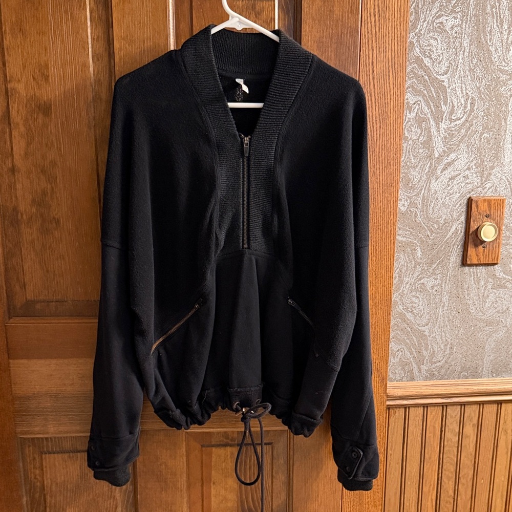 Free People Black Zip-Up Sweater with Drawstring Hem